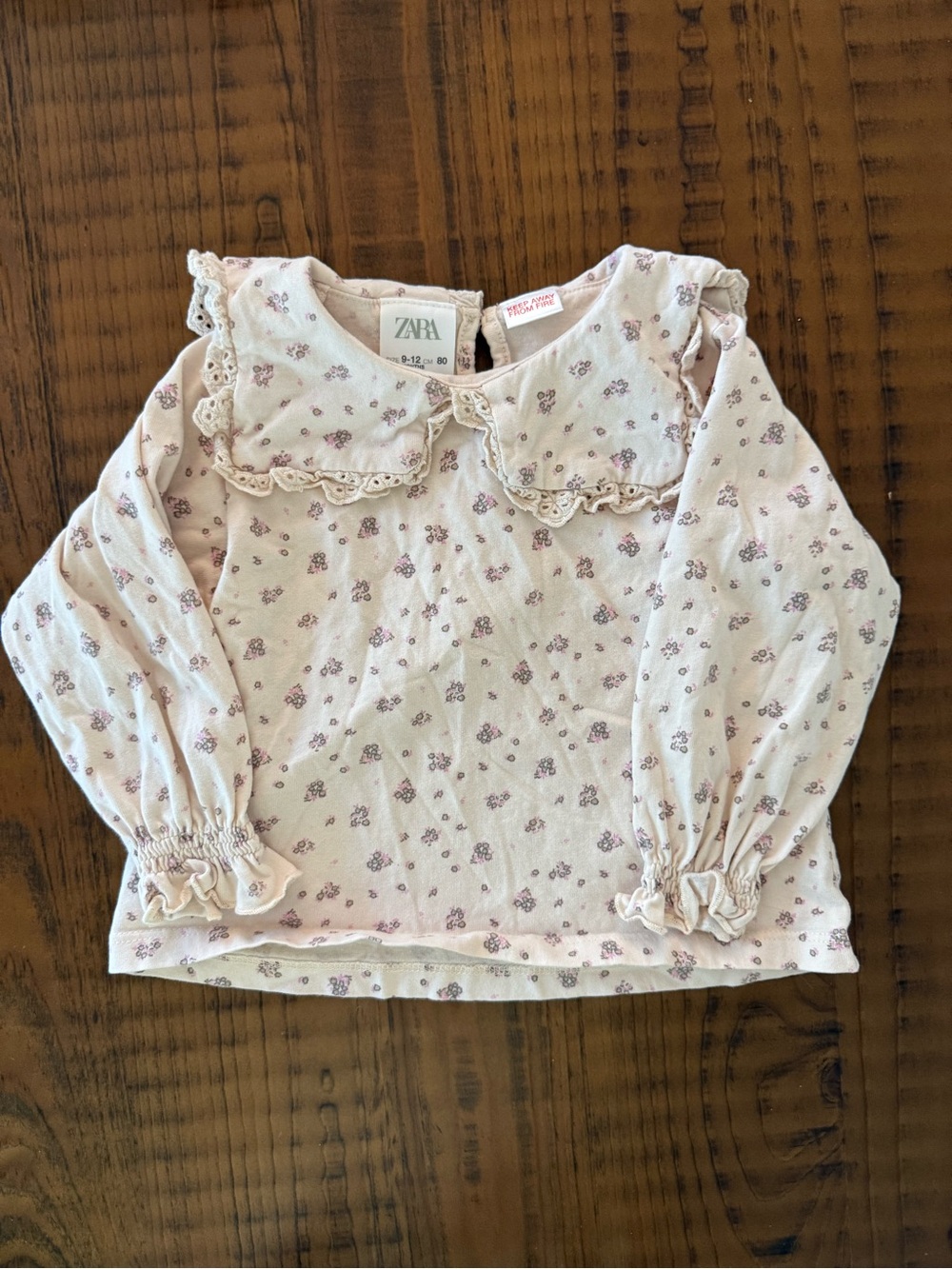 Zara Light Pink Floral Long-Sleeve Top with Lace Peter Pan Collar